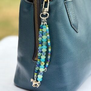 Handmade Blue & Green Beaded Bag Charm, Silver Clasp, Horse Charm